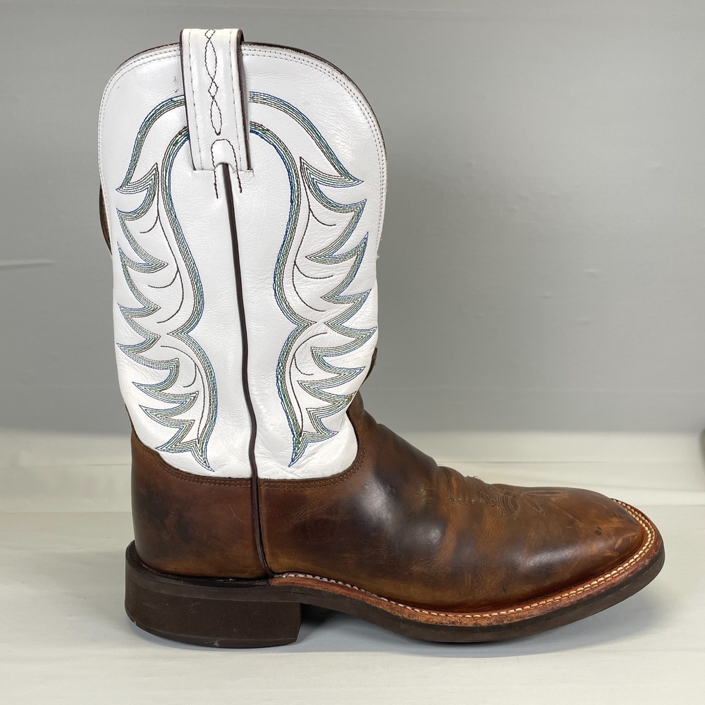 Tony‎ Lama Western Boots Mens Size 10 D White Brown Leather Square Toe Shoes